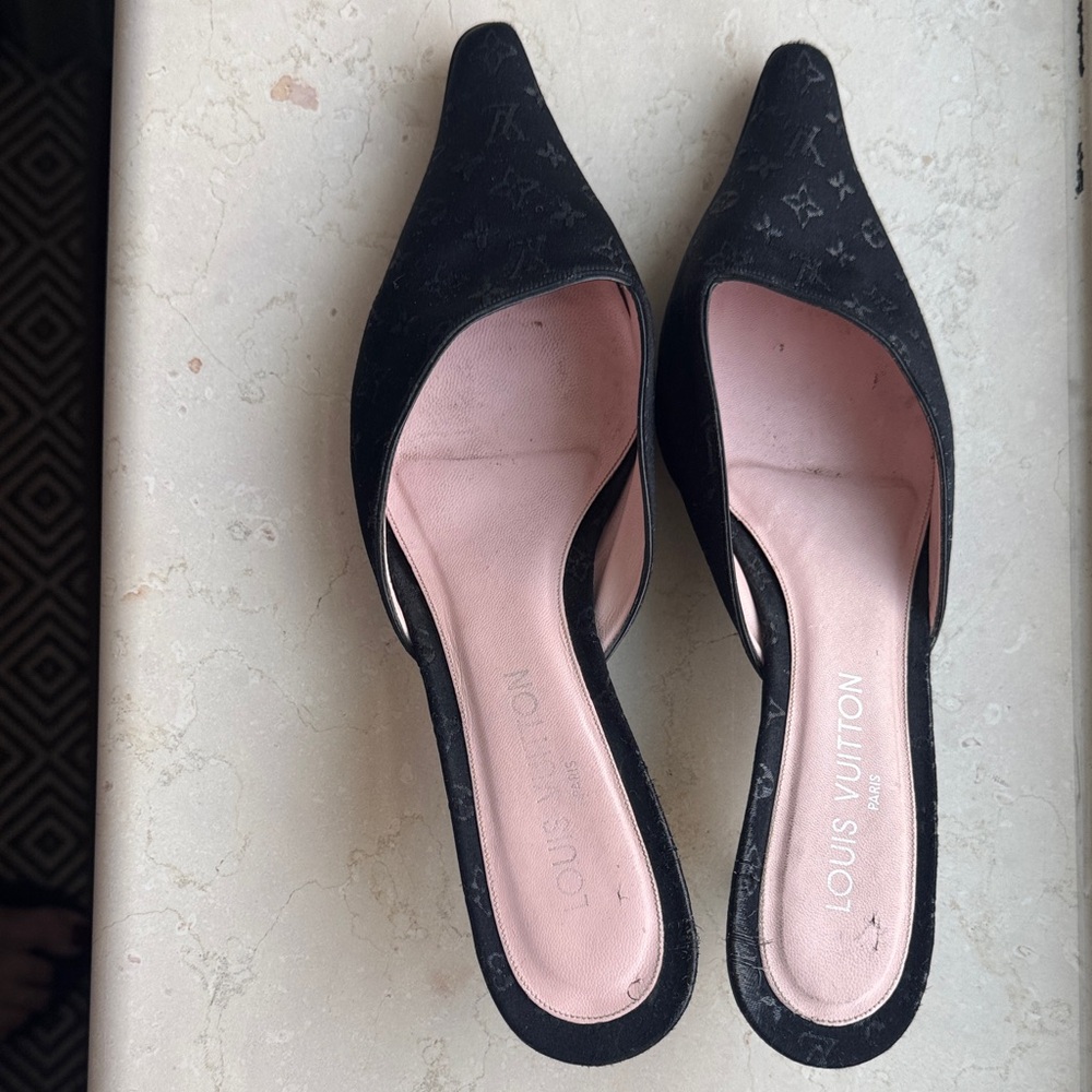 Louis Vuitton Satin Monogram Black Mules with Kitten Heel